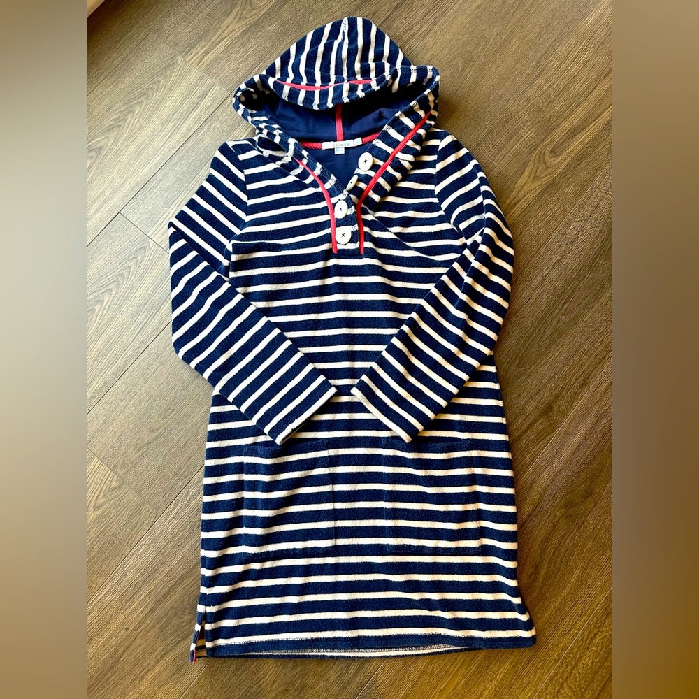 Boden Navy and White Striped Hooded Swim Coverup with Red Trim